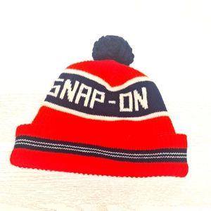 Vintage Snap On Tools Pom Winter Knit Beanie Red White Navy Blue